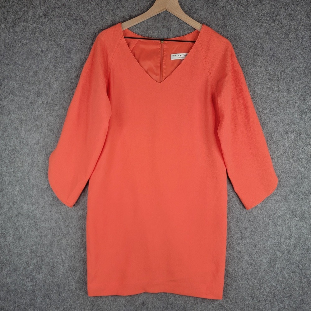 Trina Turk Dress Womens 0 Coral Odelia 3/4 Split Sleeve Textured Crepe Shift - Picture 1 of 13